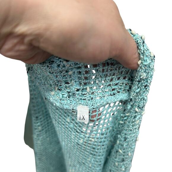 Coastal Grandma Aqua Open Knit Cardigan Button Trim Artsy Textures 1X - Picture 6 of 6